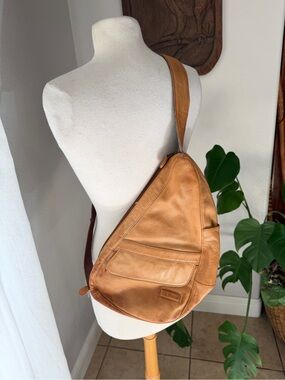 L.L.Bean Leather Sling Backpack Tan Brown Crossbody Shoulder Bag
